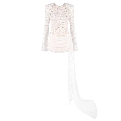 VC Opulent White Sequins Lace Long Sleeves Mini Dress with Structured Padded Shoulders & Dramatic Train