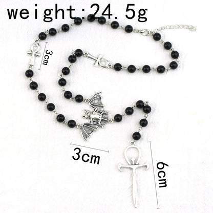 Gothic Bat Cross Rosary Necklace for Women Fashion Mystery Witch Jewelry Accessories Gift Silver Color Bat Charm Vampire Choker