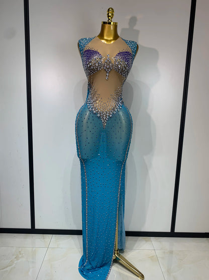 Women Sexy Evening Party Gowns Sparkly Diamonds See Through Mesh Stretch Asymmetrical Dress Celebrity Elegant Singer Outfit