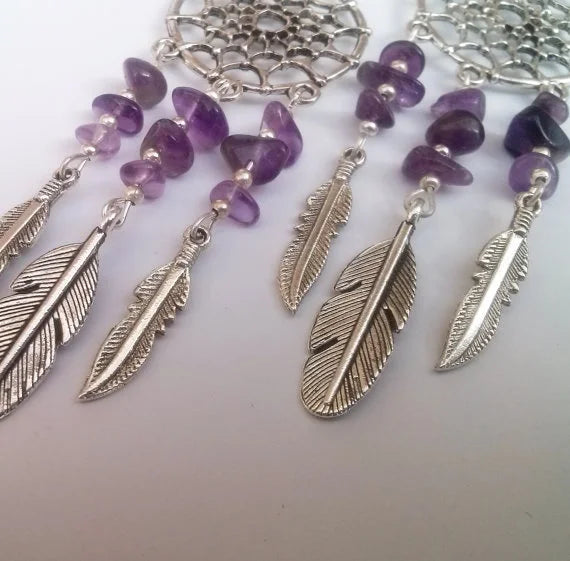 Amethyst Dreamcatcher Earrings , Dream Catcher Earrings , Amethyst Earrings , Tribal Jewelry , Purple Earrings , Handmade