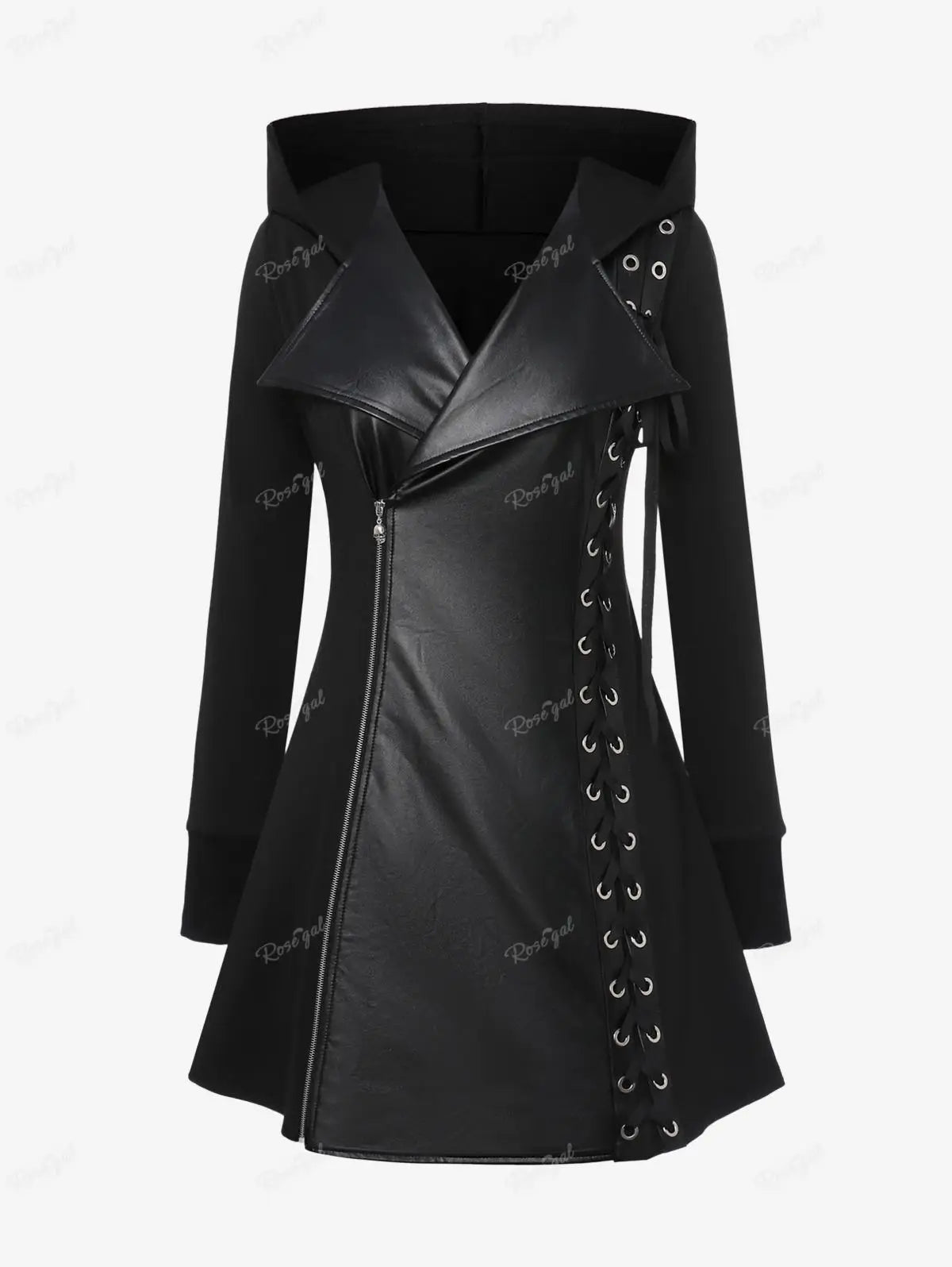 ROSEGAL Plus Size Gothic PU Panel Hooded Coats Black Slim Outwear Turn-down Collar Lace Up Braided Grommet Side Zip Jacket Coat