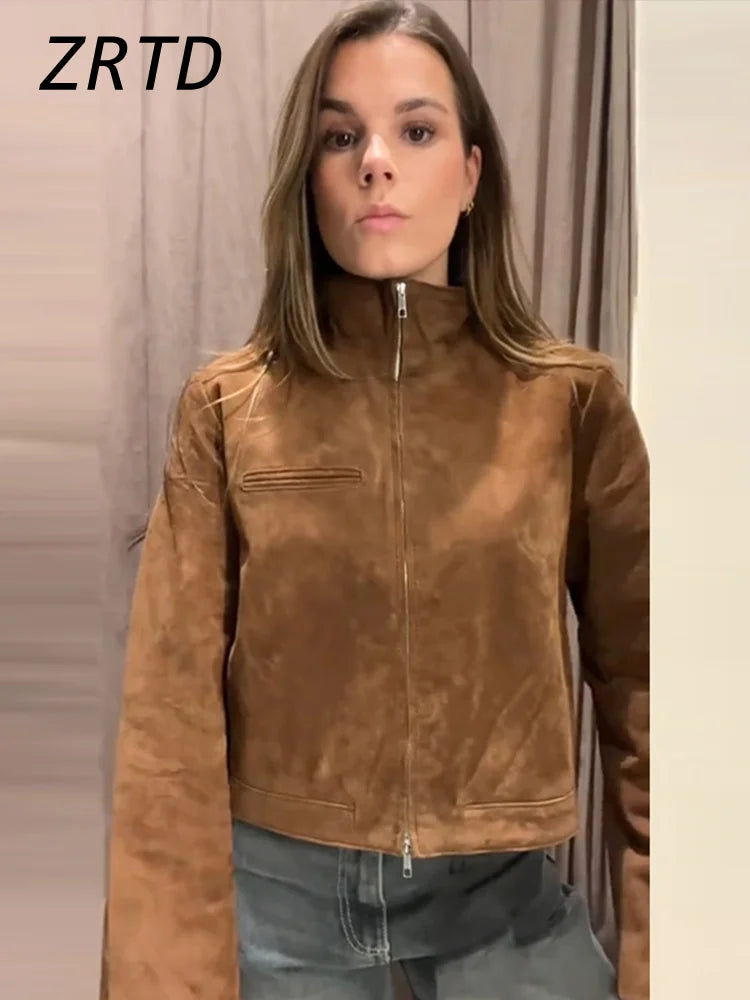Street Women's Short Suede Jackets Stand Collar Zipper Full Sleeve Female Coats 2025 Autumn Lady Fashion Y2k Outwear New