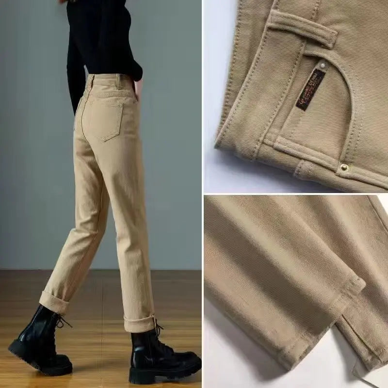 Spring Winter New Plus Velvet Women Jeans Button High Waist Solid Pants Pockets Thicken Fashion Casual Straight Trousers 2022