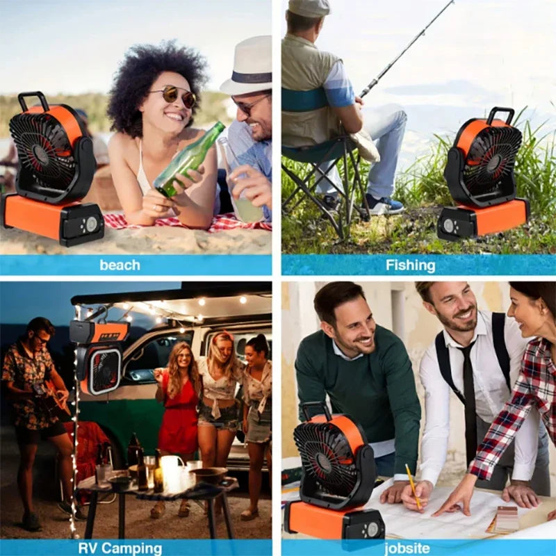 Portable Outdoor Electric Fan with LED Light, 10000mah Battery, USB Charging, Camping Fan with Hook, Ideal for Hiking, Fishing,