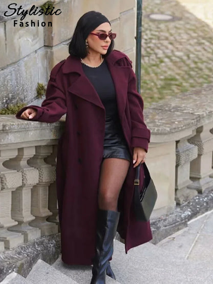 Elegant Burgundy Woolen Coat With Belt Women Lapel Full Sleeve Double Breasted Lady Overcoat 2024 Autumn Winter Female Outwear