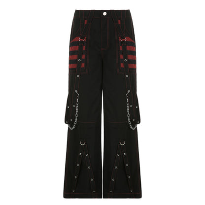 Women Gothic Chain Bandage Wide Leg Pants Women Oversize Low Rise Dark Academic Trousers Streetwear 90s Baggy Pant Punk Style