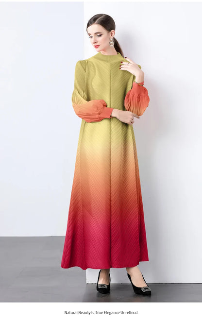 Miyake Wrinkles Pleated Printed Chiffon Maxi Dresses Middle Eastern Clothing Women Loose Women High Neck Long Sleeves Stitching
