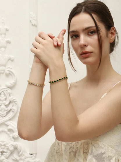 E.B.belle Stainless Steel Shiny Round Green/Clear Zircon Bracelet Chain 18K Gold Plated Women’s Hand Jewelry