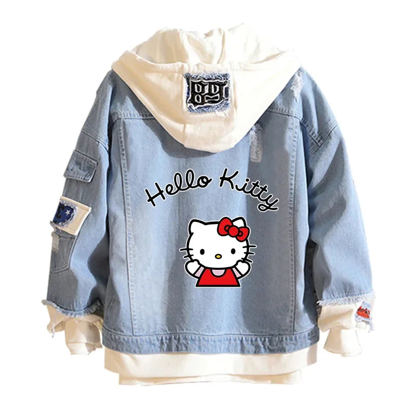 Anime Sanrio Denim Bomber Jacket Hello Kitty Hooded Jeans Sweatshirt Unisex Ripped Hole Cosplay Hoodie Long-Sleeved Denim Jacket