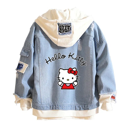 Anime Sanrio Denim Bomber Jacket Hello Kitty Hooded Jeans Sweatshirt Unisex Ripped Hole Cosplay Hoodie Long-Sleeved Denim Jacket