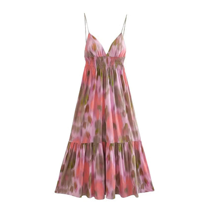 BWQ Printed Elastic Waist Backless Dress Women Lace Up Vintage Straps V-Neck Midi Dresses Female Vacation Chic Beach Dresses
