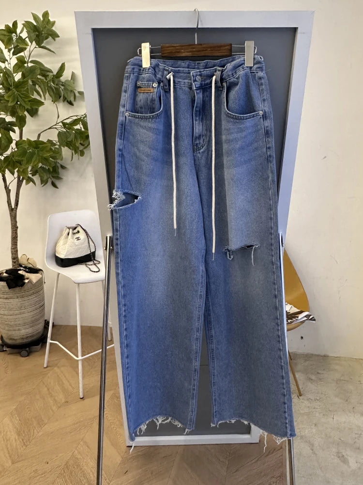 Loose Wide Leg Jeans Women's High Waist Straight Leg Long Pants Torn Design Versatile Casual Spring Faion Blue Denim