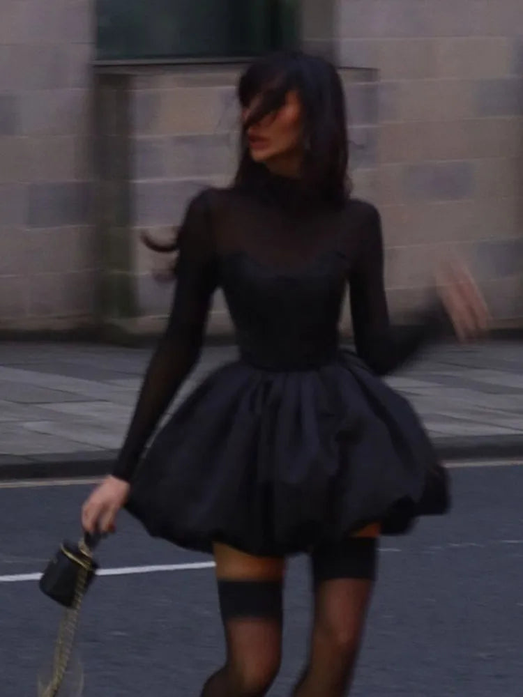 Elegant Lace Dresses Women See Through Long Sleeves Puffy Dresses Female 2024 Fashion Solid Evening Party A Line Robe Lady