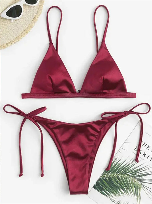 6 Colors Satin High Leg Cut Brazilian Bikini Women Swimwear Female Swimsuit Two-pieces Bikini set Bather Bathing Suit Swim K4964
