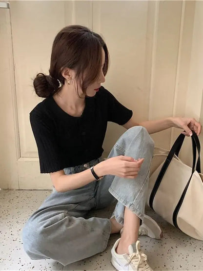 Cardigan Women Solid Short Sleeve Knitted Turn-down Collar Summer Casual All-match Tops Slim Button Up Students Korean Style