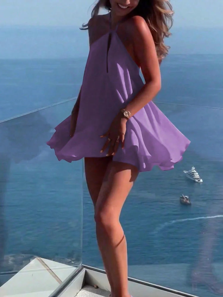 Sexy White Halter Backless Short Dresses Back Lace Up Tie-Waist Sexy Summer Beach Party High-Street Mini Dress Vestido For Woman