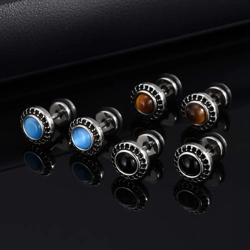 Vnox Vintage Punk Black Zircon Earrings for Men, Hypoallergenic Studs Jewelry, Stainless Steel Earrings 9mm Round Jewelry Gifts