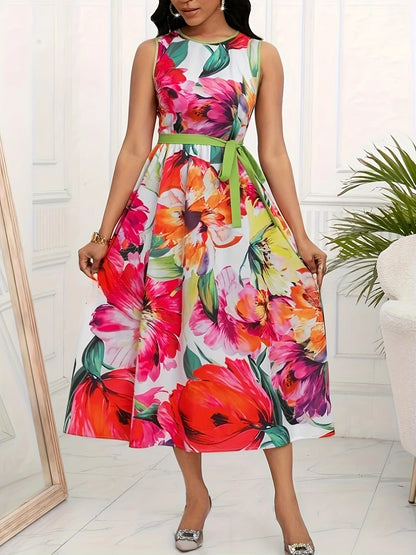 Spring Summer Women Elegant Floral Print Long Dress Vacation Party O Neck Lace Up Sleeveless Tank Dresses