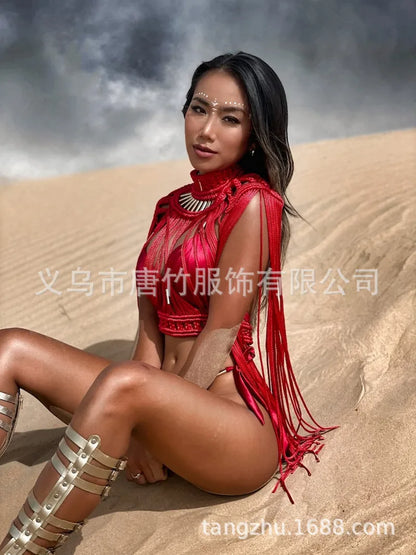 Hand Crochet Knitted Women Bikini Cover Ups 2023 Summer Holiday Tassel Beach Bathing Suit Sexy Hollow Out Skirts Matching Set