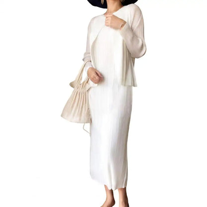 Long Dress Elegant Midi Dress for Women Pleated Loose Fit Round Neck Vest Dress in Solid Color for Office or Casual Wear Pleated