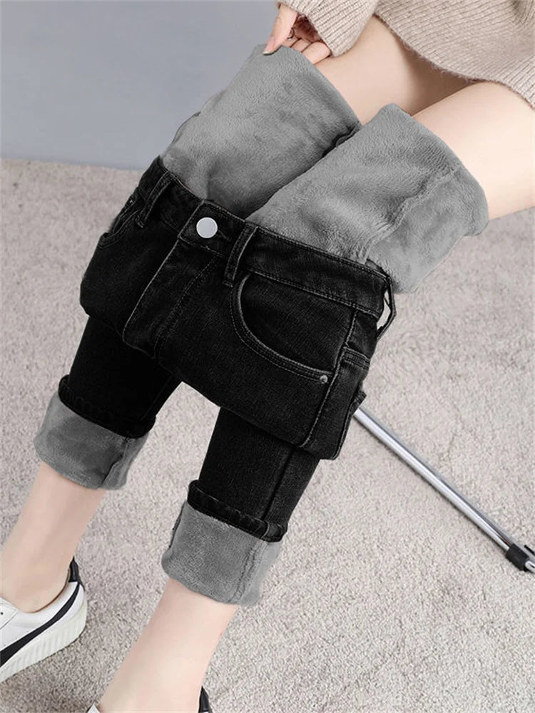Winter Mid Waist Skinny Warm Jeans Women Plus Velvet Ankle Length Casual Thick Pencil Pants women clothing Fleece Denim Trousers