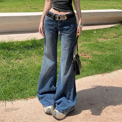 2025 Female Chic Low Waist Flare Jeans Women Retro Blue Slim Fit Bell Bottom Pants Lady Korean Fashion Denim Trousers