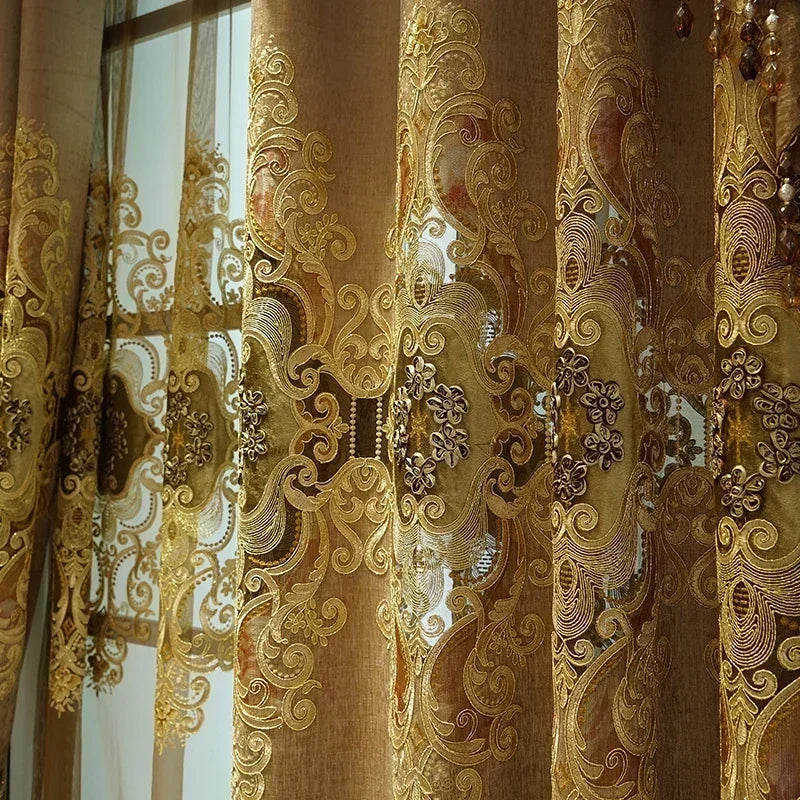 European-style Curtains for Luxury Living Room Upscale Door Chenille Embroidered Coffee Color Bedroom Window Villa Valance
