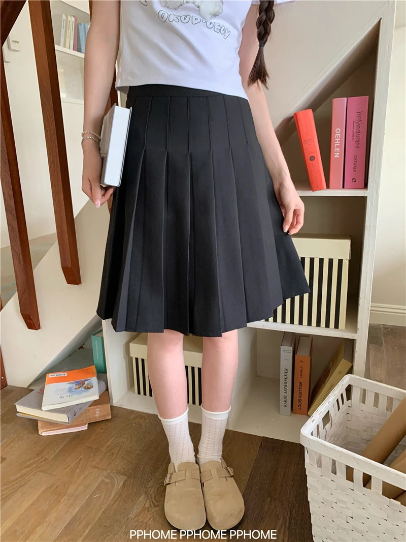 Women's Summer Streetwear Knee Length Pleated Skirt Lady School Style High Waist A Line Mid Length Skirt