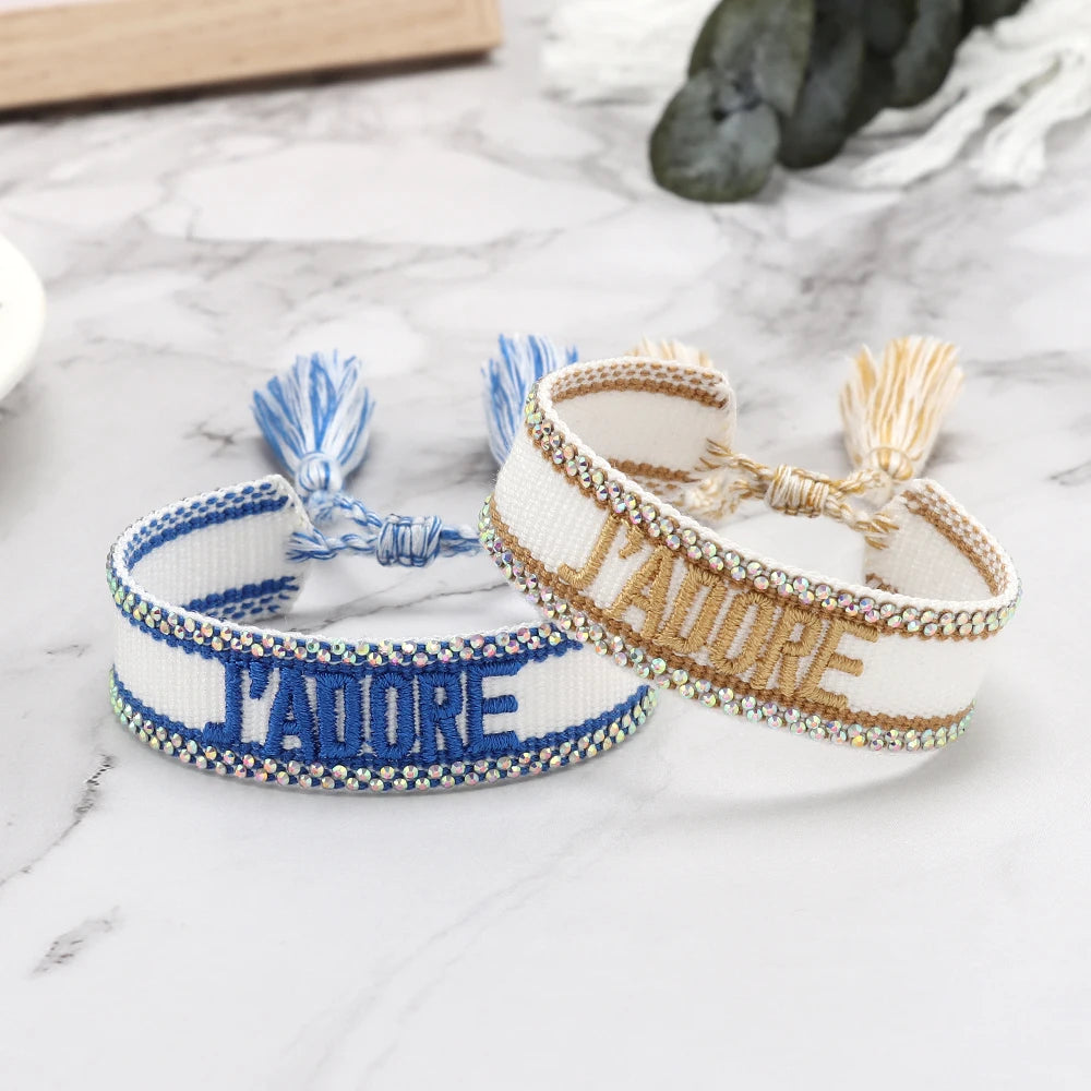Rhinestone Embroidery Woven Bracelets Adjustable Rope Stackable Bangle For Women
