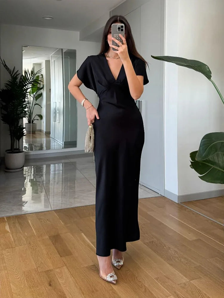 Elegant Satin Solid Long Dress Women V-neck Short Sleeve Pleated Slim High Waist Dresses 2025 Summer Lady Party Evening Robes