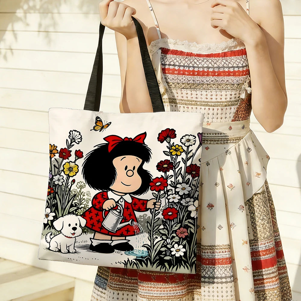 1pc Vintage Cartoon Girl and Puppy Gardening Tote Bag Featuring a cute watering scene, vibrant red accents and butterfly details