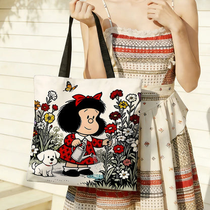 1pc Vintage Cartoon Girl and Puppy Gardening Tote Bag Featuring a cute watering scene, vibrant red accents and butterfly details