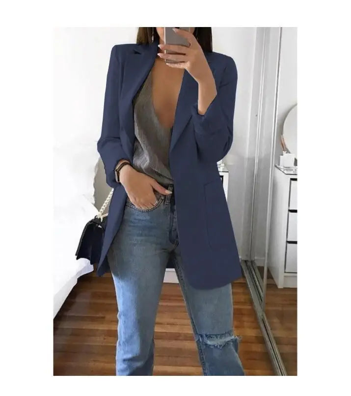 Autumn And Winter Women's Fashion Solid Color Polo Neck Slim Fit Coat Elegant Women's Long Sleeve Pocket Casual Suit Coat S-3XL