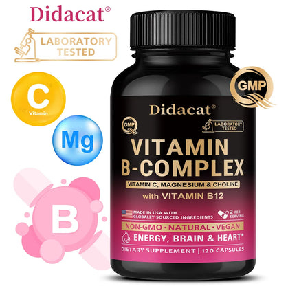 Vitamin B Complex for Men & Women - Riboflavin B2,B12,B1,B3,B5,B6,B7,B8,B9,Vitamin C, Choline, Inositol - Brain & Heart Support