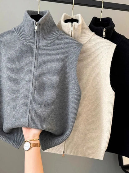 High Collar Zipper Knitted Open Cardigan Vest Women's Loose Layering Jacket Sweater Shoulder Pad Spring Autumn Winter New Style