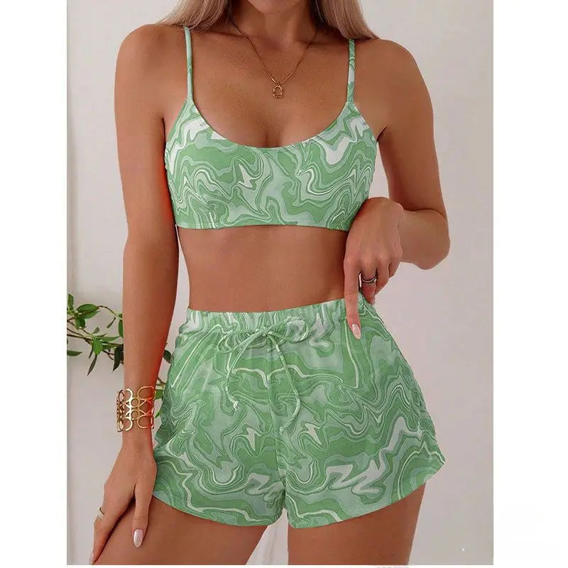 Cikini Women's Vacation Marble Print Casual Bikini Set, Three-Piece Bikini Set With Cover-Up Shorts, Random Print Summer Beach