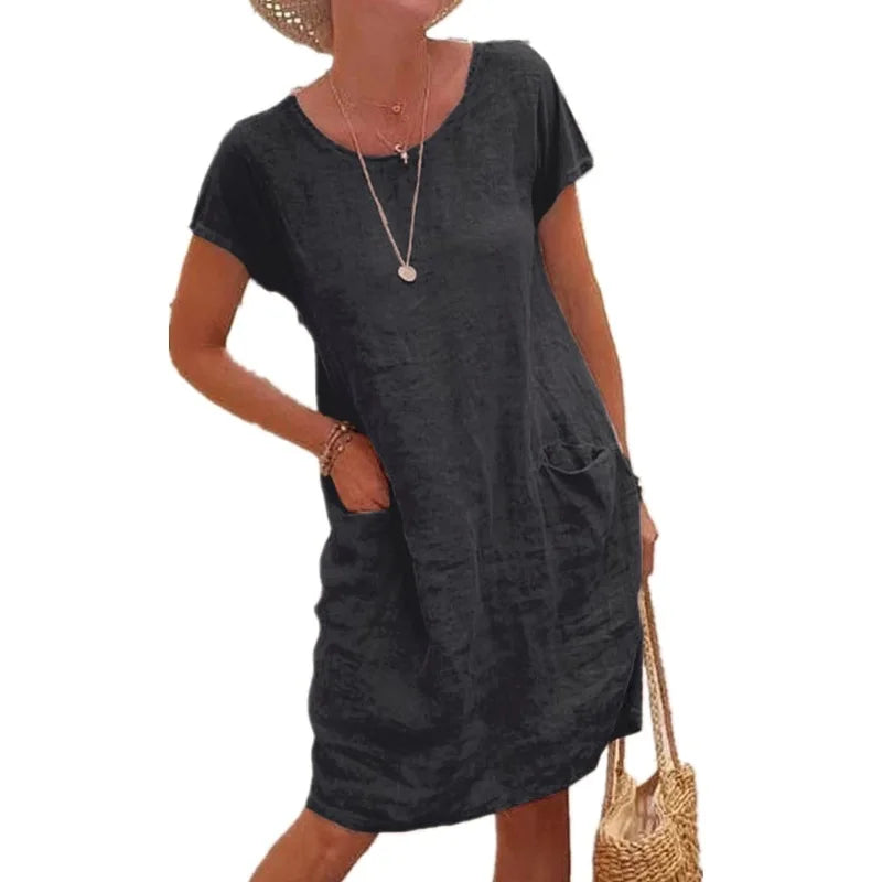 Women's Casual Midi Dresses 2025 New Summer Cotton Linen Short Sleeve Dress Летнее Платье Vestidos De Mujer Black Dresses