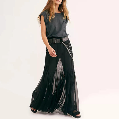 Fashion Women’s Mesh Sheer Long Skirts Elastic High Waist Ruffle Hem Flowy Skirts Casual A-line Midi Skirts