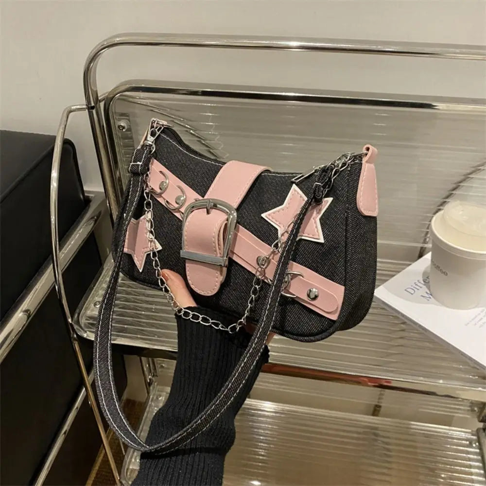 Y2k Fashion Women's Handbags Stars Pattern Cool Girls Underarm Bag Fashion Female Small Shoulder Bags Chain Tote Purses