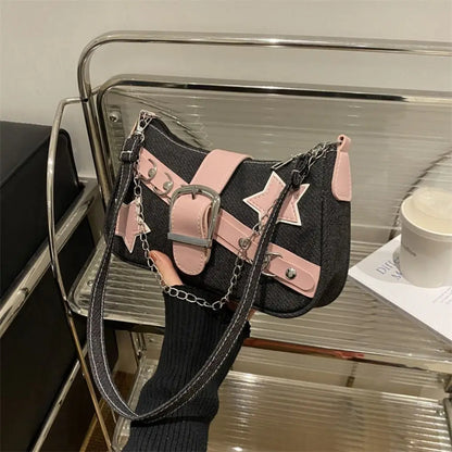 Y2k Fashion Women's Handbags Stars Pattern Cool Girls Underarm Bag Fashion Female Small Shoulder Bags Chain Tote Purses