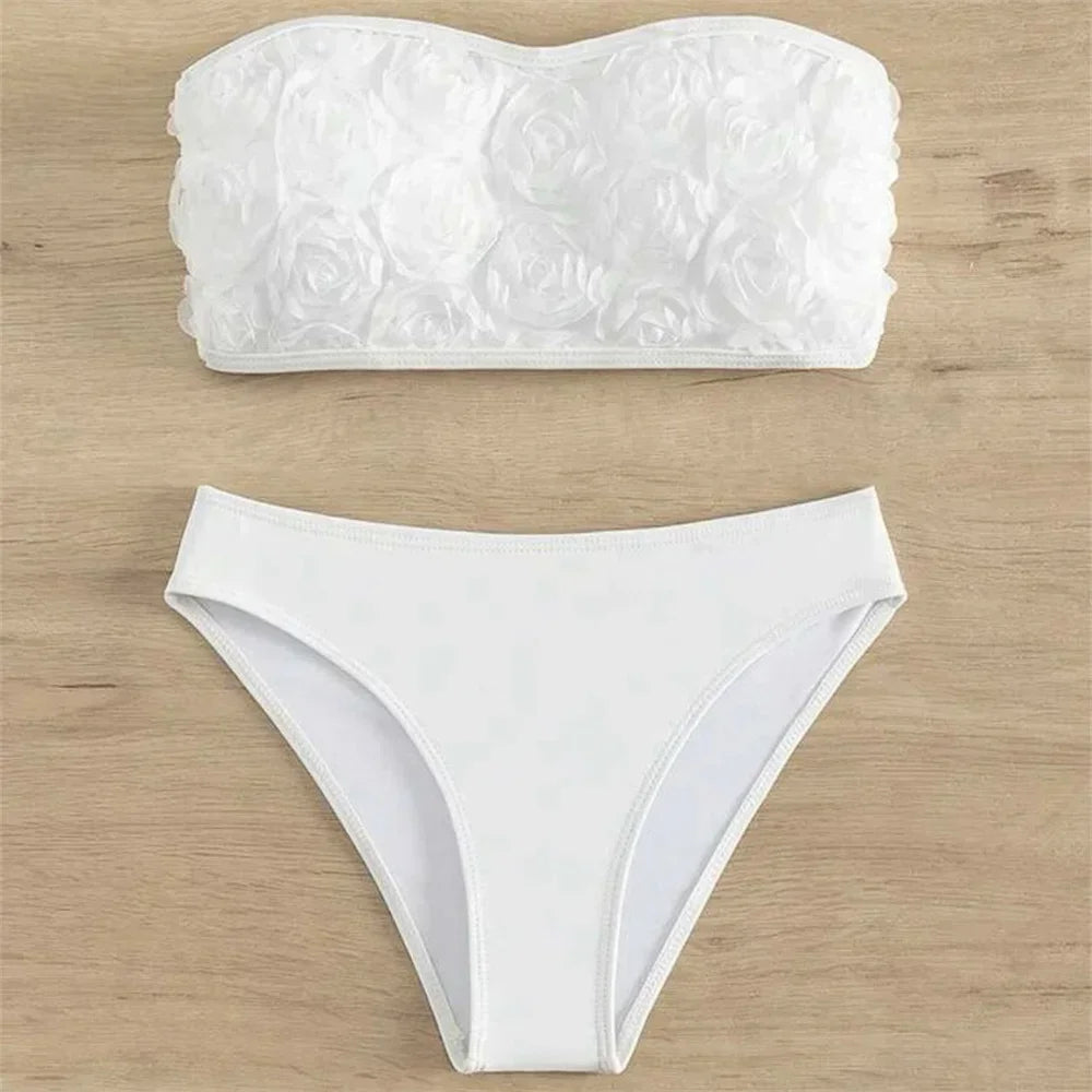 Sexy Flowers Bikini White Y2K Bandeau Swimsuit Push Up Bathing Suit 3D Floral Swimwear Women Highwaist Beach Set Vacation Outfit