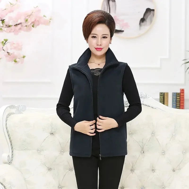 Autumn Winter Women Fashion Stand Up Polar Fleece Vest For Women's Solid Warm Lady Sleeveless Jacket