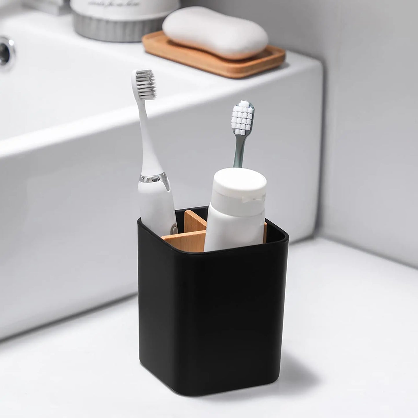 Bamboo Toothbrush Holder for Bathrooms, 3 Slots Toothbrush and Toothpaste Holder for Electric Toothbrushes, Floss, Razors
