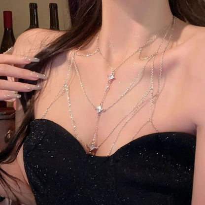 Body Jewelry Glitter Rhinestone Bust Chain Sexy Multilayer Silver Body Chain Trend Luxury Body Chain Jewelry Beach