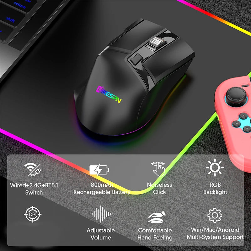 Wireless+Bluetooth+wired gaming mouse with side scroll wheel rechargeable macro function gaming mouse suitable for laptops