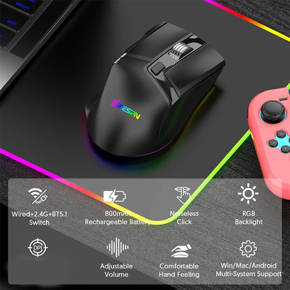 Wireless+Bluetooth+wired gaming mouse with side scroll wheel rechargeable macro function gaming mouse suitable for laptops