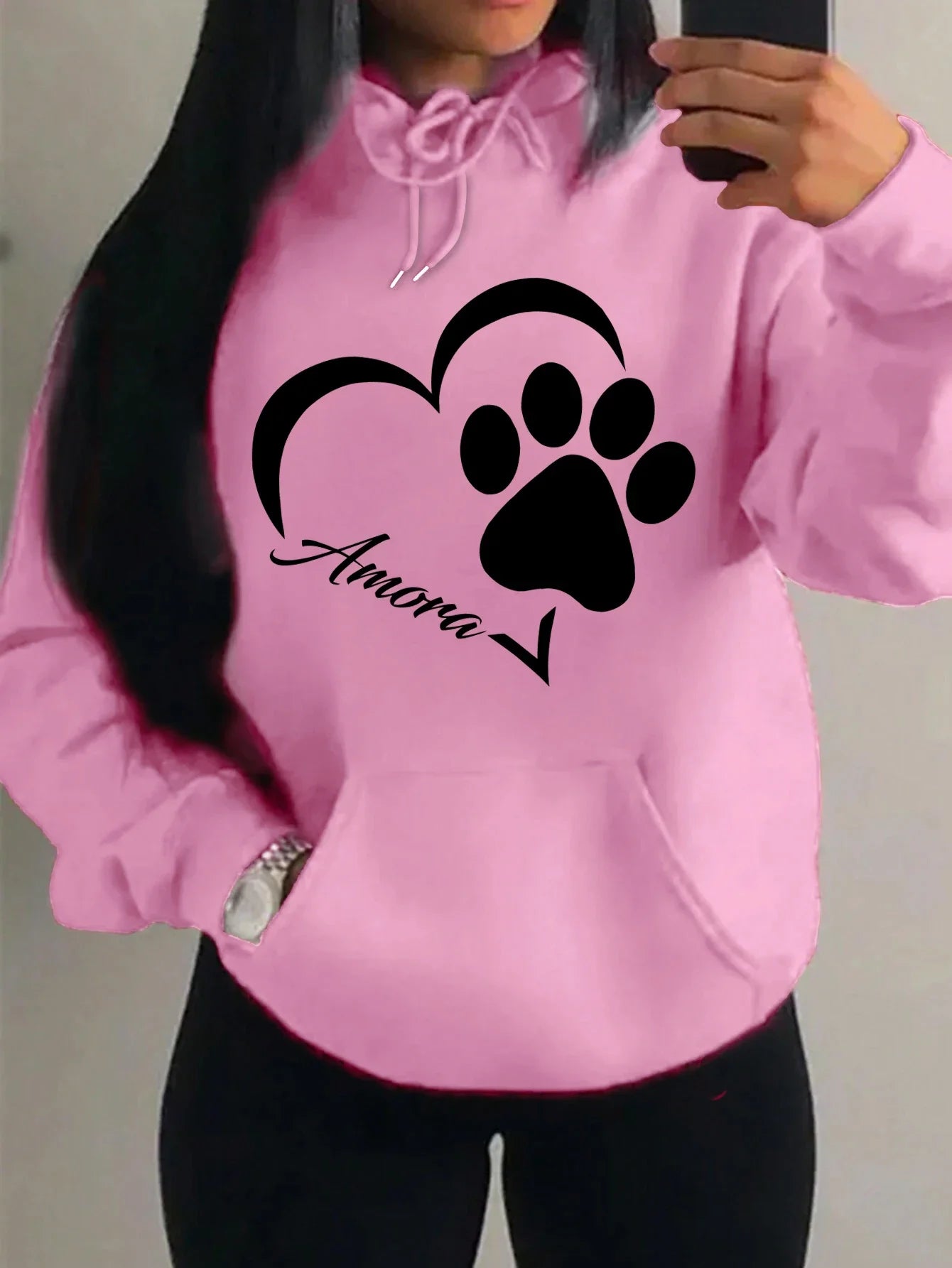 Love And Little Cat Foot Creative Print Women Hoody Fashion Autumn Sweatshirt Pocket Hoodie Sport Style Comfortable Pullover