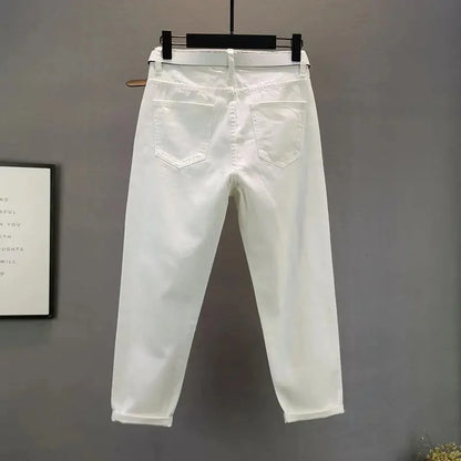 White Jeans Women's Spring Summer 2025 New Loose Star Studded Hot Stamping perforated Chimney Pants Female Casual Denim Trousers