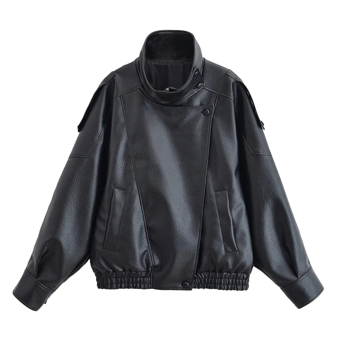 HH Street Fashion Asymmetric Leather Jacket For Women Long Sleeves Zipper With Pockets Turtleneck Autumn Retro Loose Coats