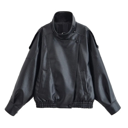 HH Street Fashion Asymmetric Leather Jacket For Women Long Sleeves Zipper With Pockets Turtleneck Autumn Retro Loose Coats